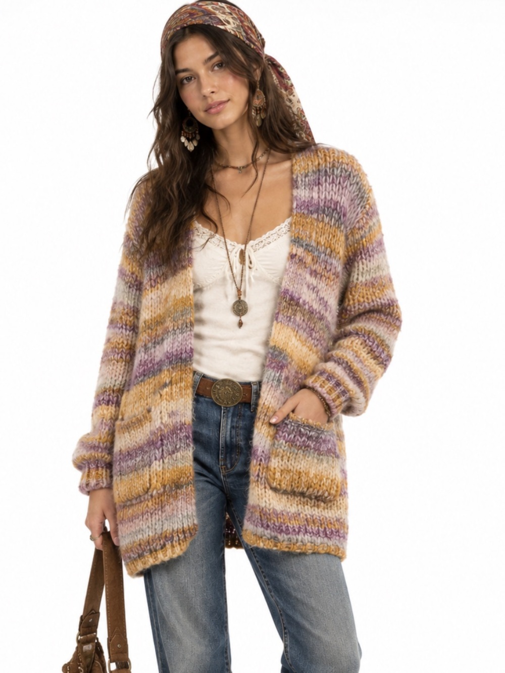 Molly Brazen Cozy Striped Open-Front Cardigan Sweater in Mauve & Mustard Size M